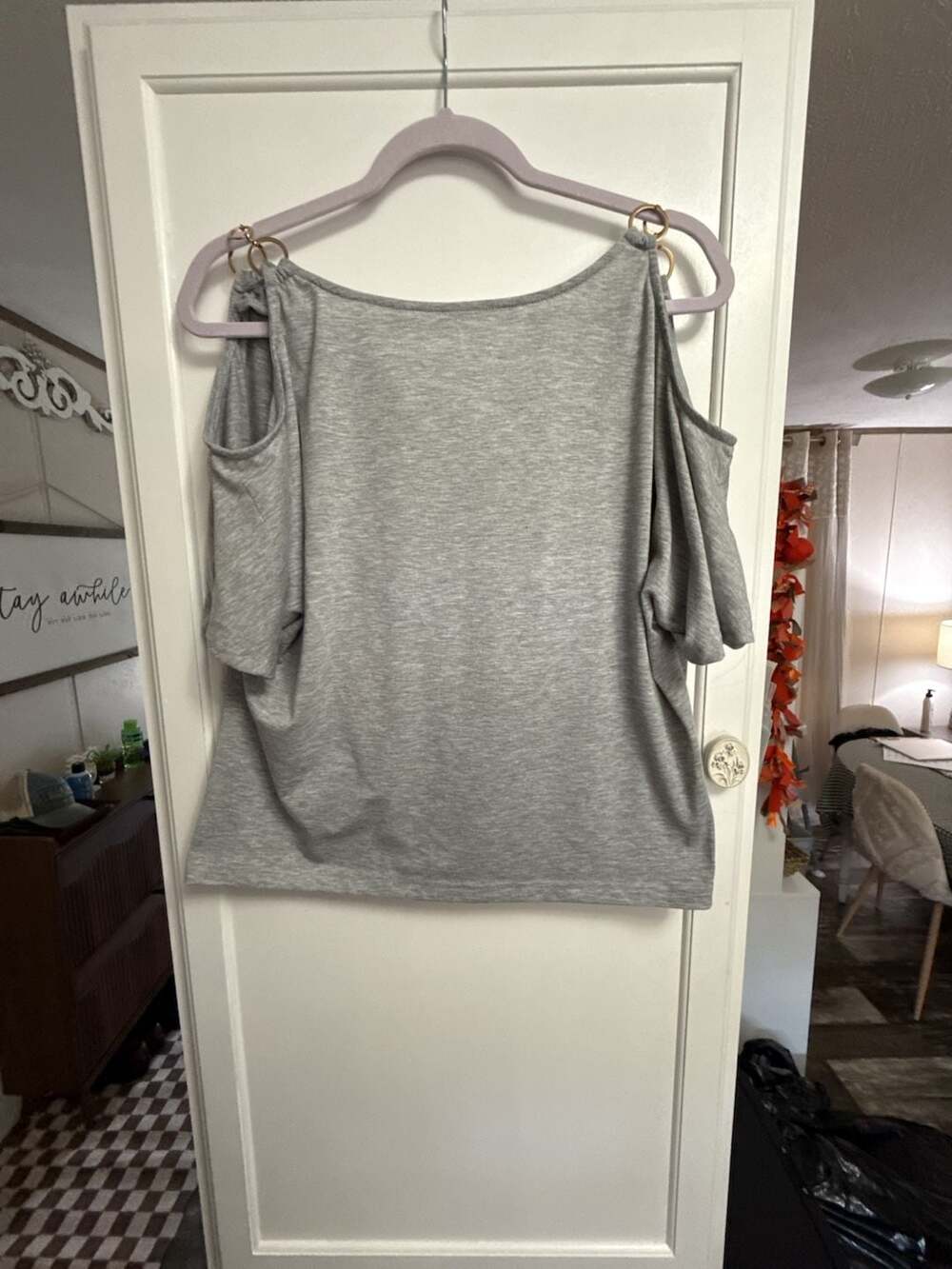 SHEIN Grey Cold Shoulder Short Sleeve Top with Metal Rings